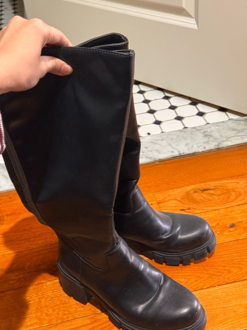 Chunky Black Leather Knee-High Boots
